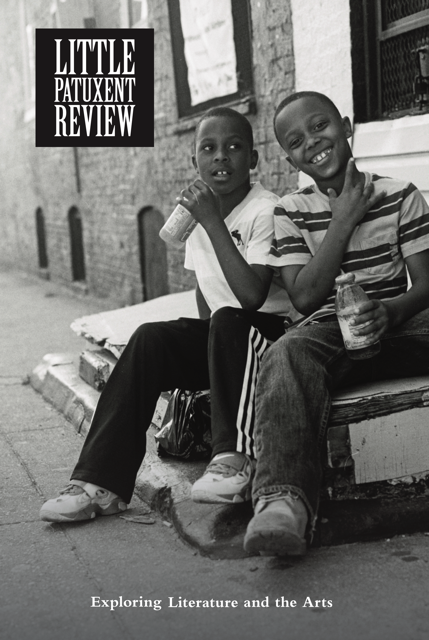 Cover of Winter 2020 issue of the Little Patuxent Review, featuring a black and white photograph of two boys sitting on a stoop. Photograph by Ben Cricchi